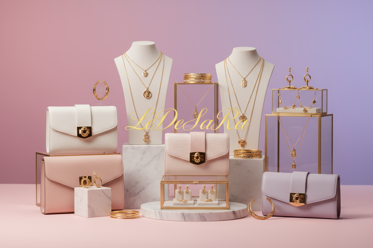 Pink and light purple  background showing gold plated jewelry  and clutch bags store of brand LeDeSaRa highlighted