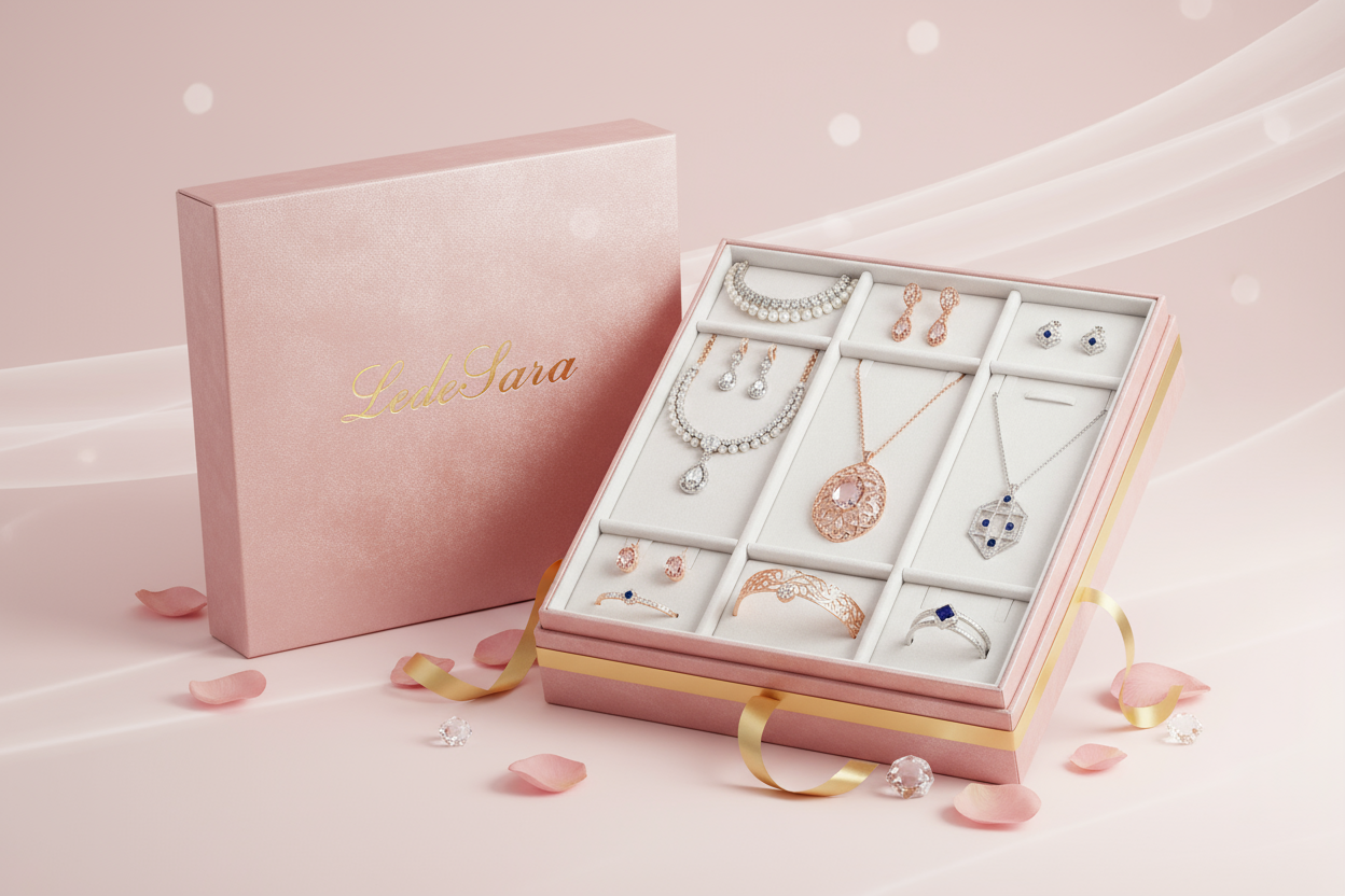 pink white shade background showing LeDeSaRa highlighted gift box of jewelry sets