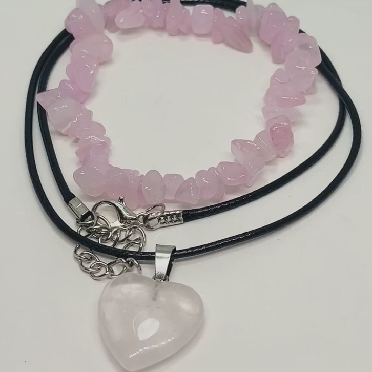 2 pcs set  Natural Rose Quartz Crystal Pendant Necklace and Bracelet