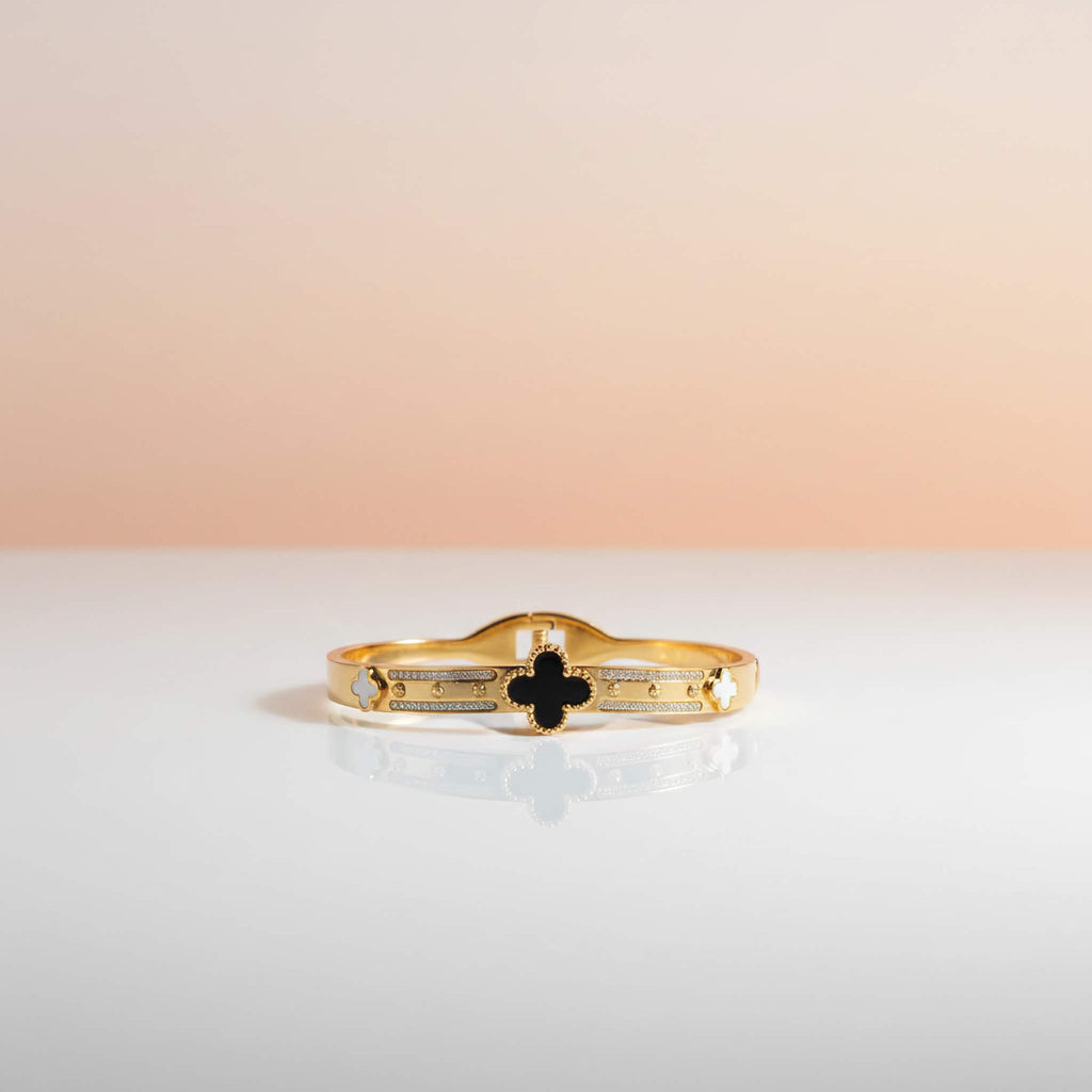 Black Clover Fortune Bangle | 18K Gold Plated Elegant Charm Bracelet