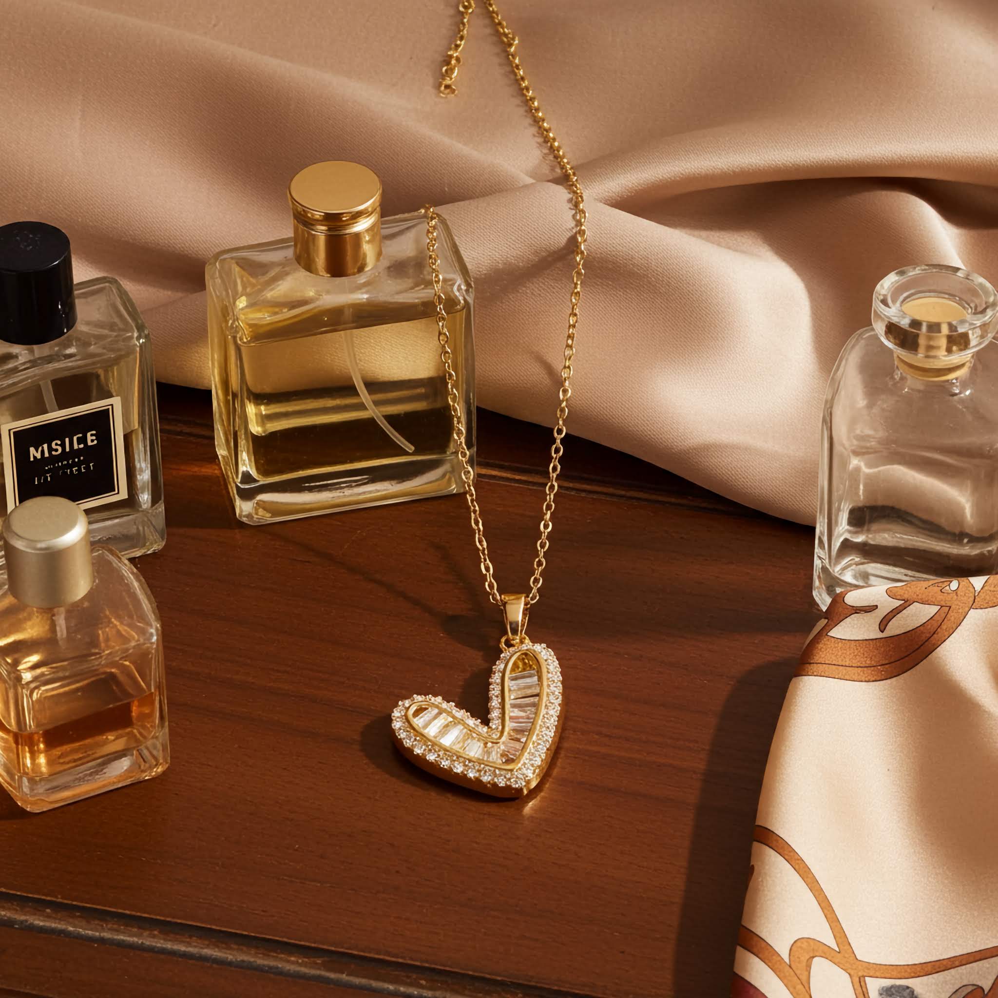 18k Gold necklace with swarovski crystal heart pendant on a wooden surface with perfume bottles.